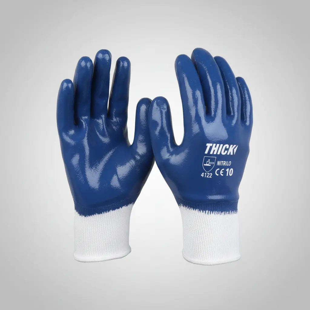 Guantes nitrilo puño tejido azul — Thick (12 pares)