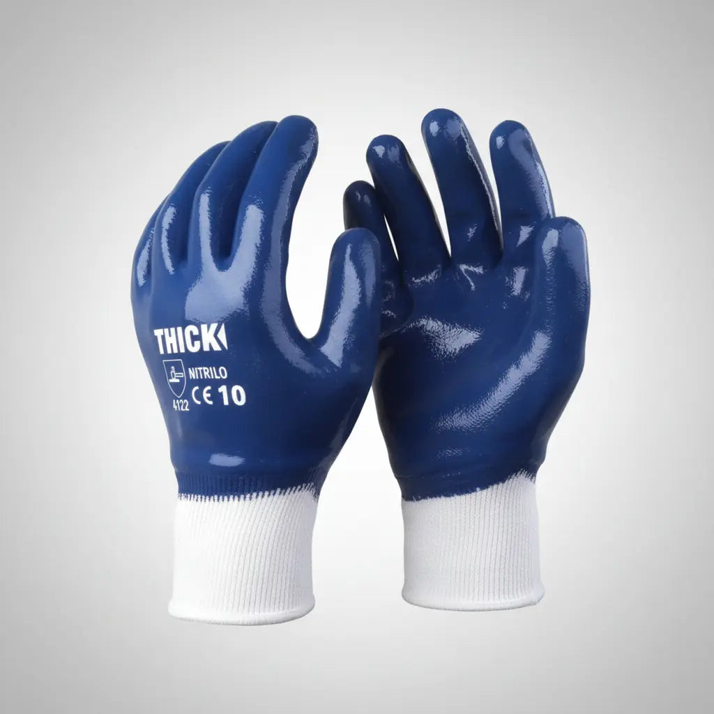 Guantes nitrilo puño tejido azul — Thick (12 pares)