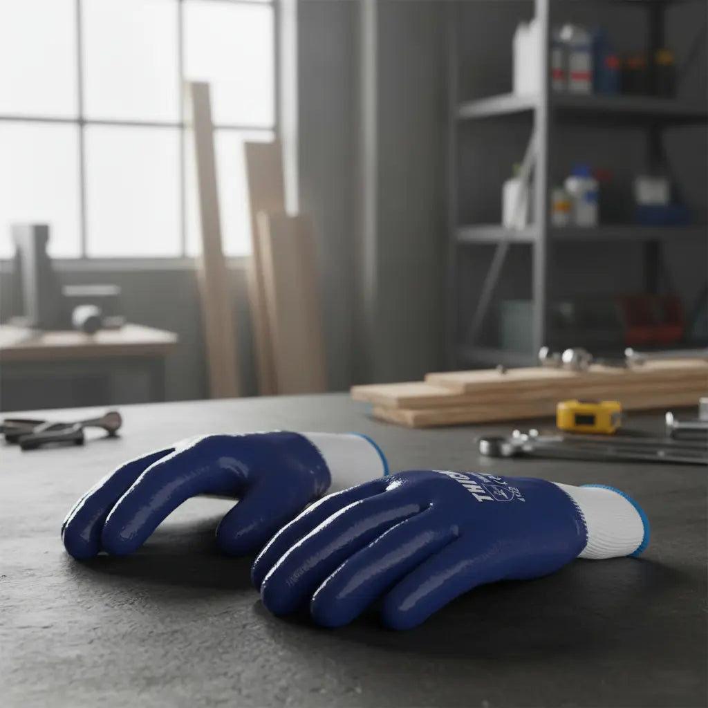 Guantes nitrilo puño tejido azul — Thick (12 pares)